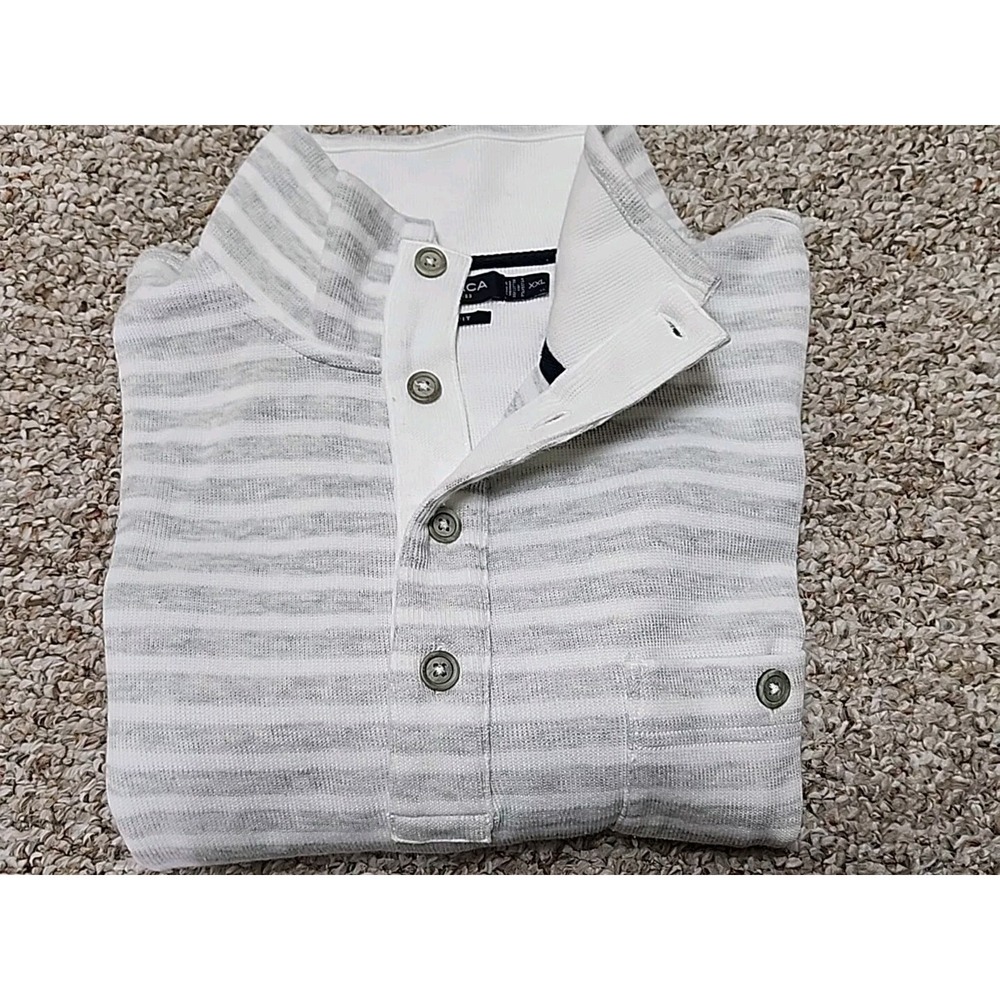 Nautica Mens XXL Slim‎ Fit Striped Henley Long Sleeve Shirt Grey White Mock Neck